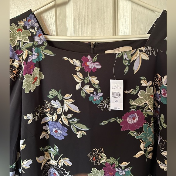 LOFT Long Sleeve Square Neck Black Midi Dress with Purple & Green Floral Print - Picture 3 of 6